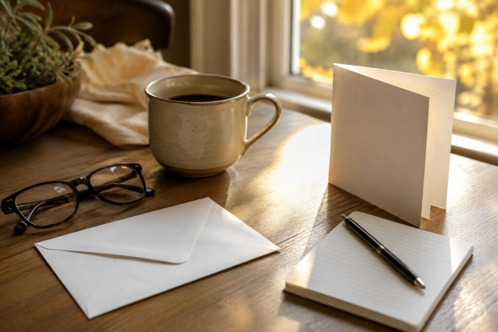 Unopened plan notice envelope, reading glasses and coffee mug on a sunlit kitchen table in autumn